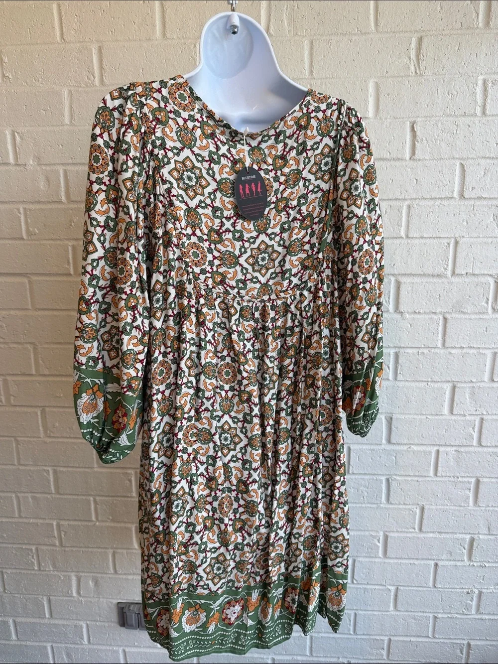 Bluetime Boho Casual/Dressy 3/4 sleeve Pleated Yoke /V neck Dress Size Small New - Picture 3 of 16